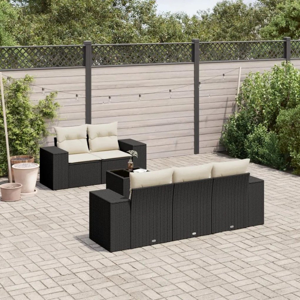 6 pcs conjunto sofás de jardim c/ almofadões vime PE preto