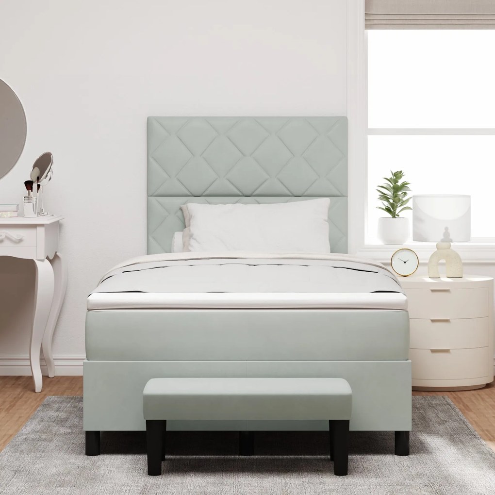 Cama Box Spring com Colchão e Banco Cinza Claro 120x200 cm Veludo