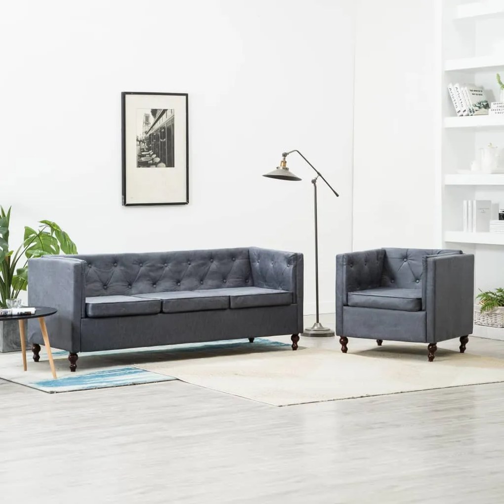 275629 vidaXL Conjunto sofás chesterfield 2 pcs estofos em tecido cinzento
