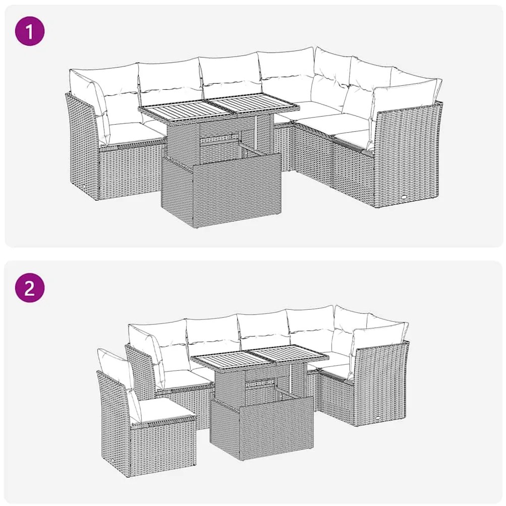7 pcs conjunto de sofás p/ jardim c/ almofadões vime PE preto