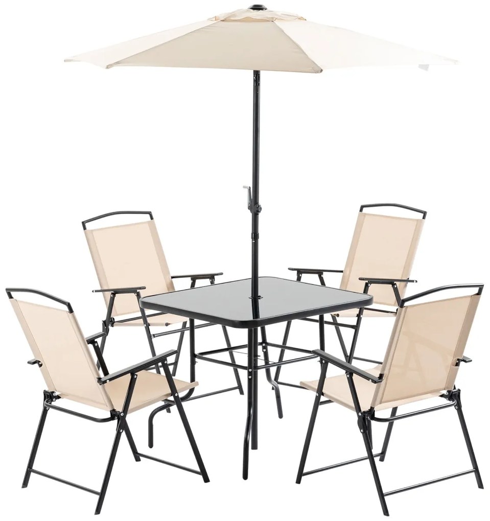 Conjunto de Móveis de Jardim com 4 Cadeiras Dobráveis Mesa de Jardim de Vidro e Chapéu de Sol Inclinável Proteção Solar para Pátio Terraço Exterior 80