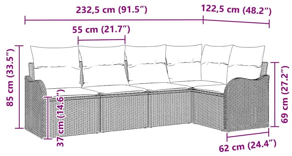 Conjunto de Sofá de Jardim 5 Peças com Almofadas em Rattan Poliéster M