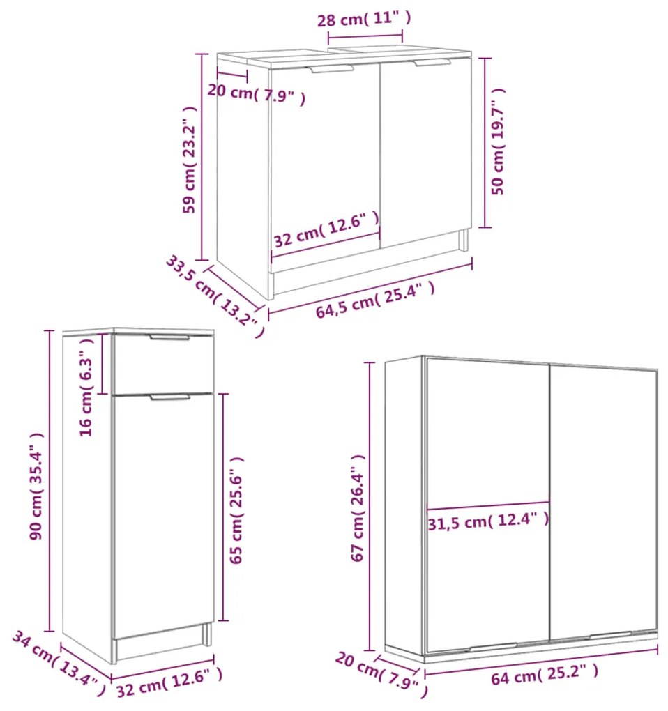 4pcs conj. armários de casa de banho madeira processada branco