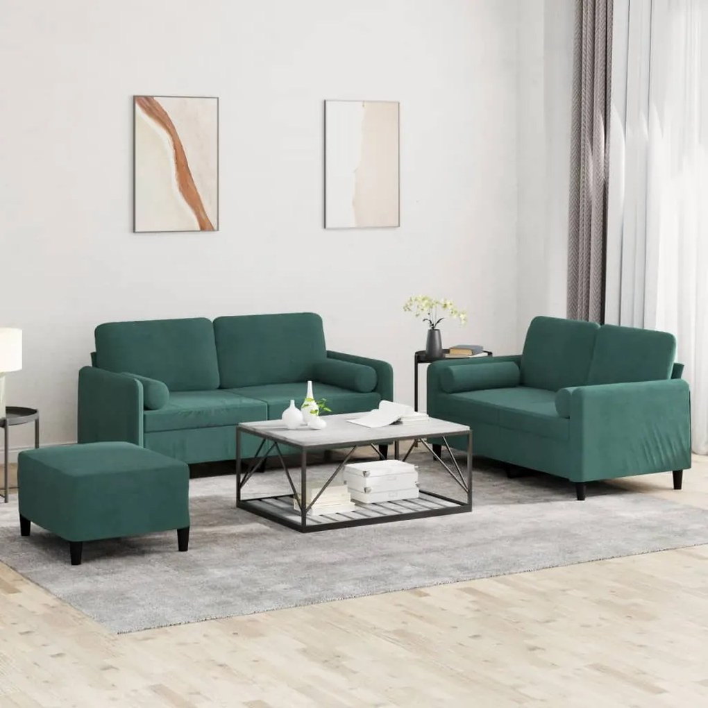 vidaXL 3 pcs conjunto de sofás com almofadas veludo verde-escuro