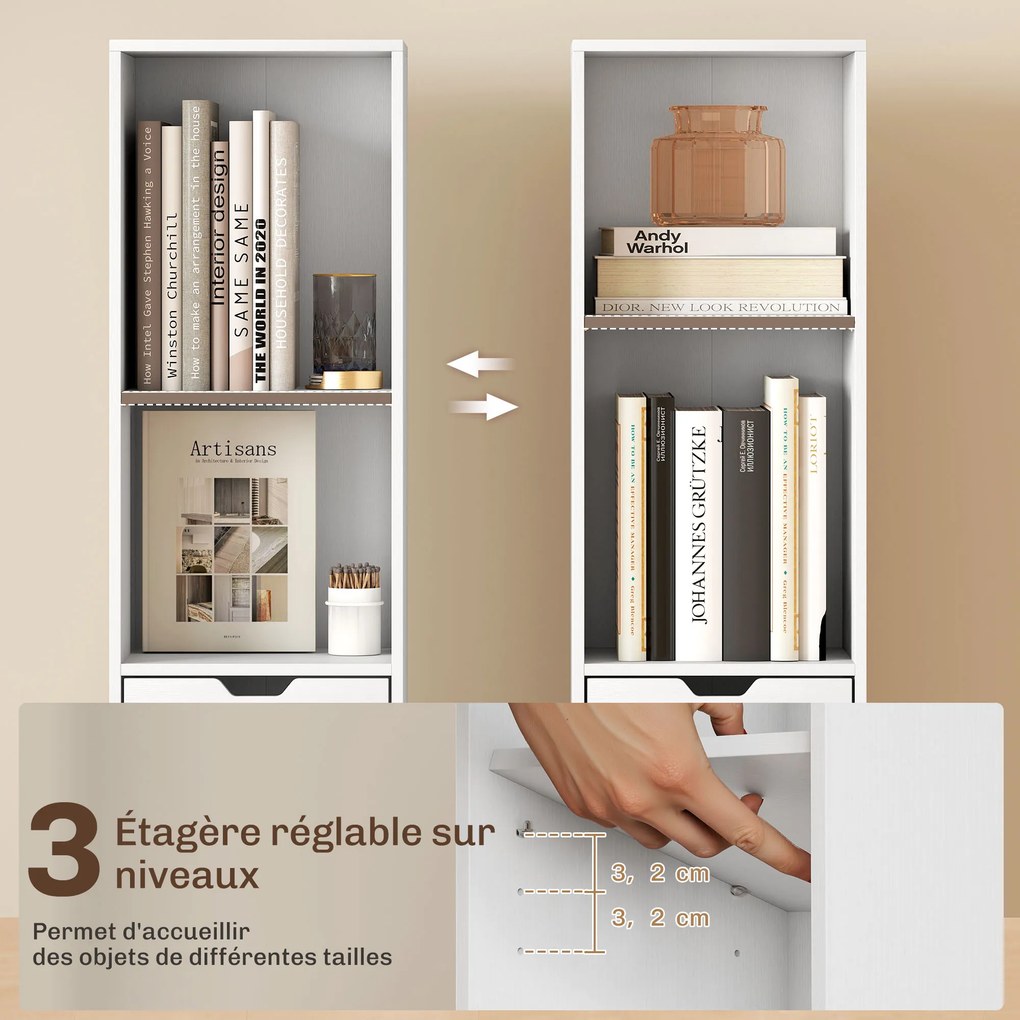 Estante para livros 30 x 24 x 158 cm, móvel de arrumação com gaveta, armário e compartimentos abertos, branco