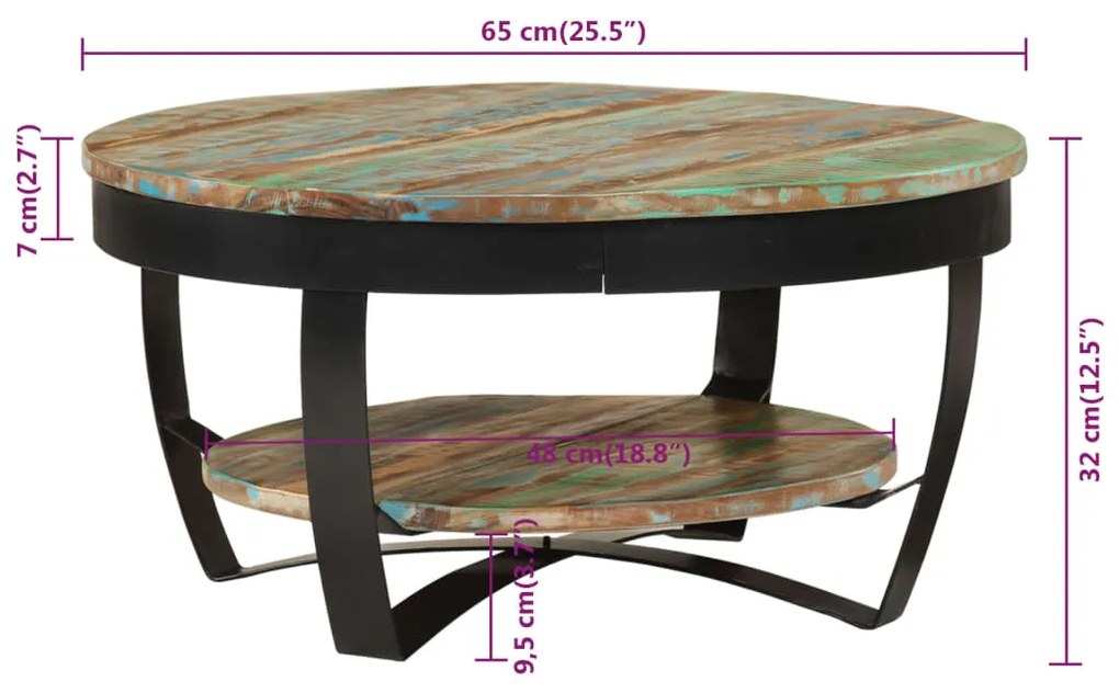 Mesa de centro 65x32 cm madeira reciclada maciça