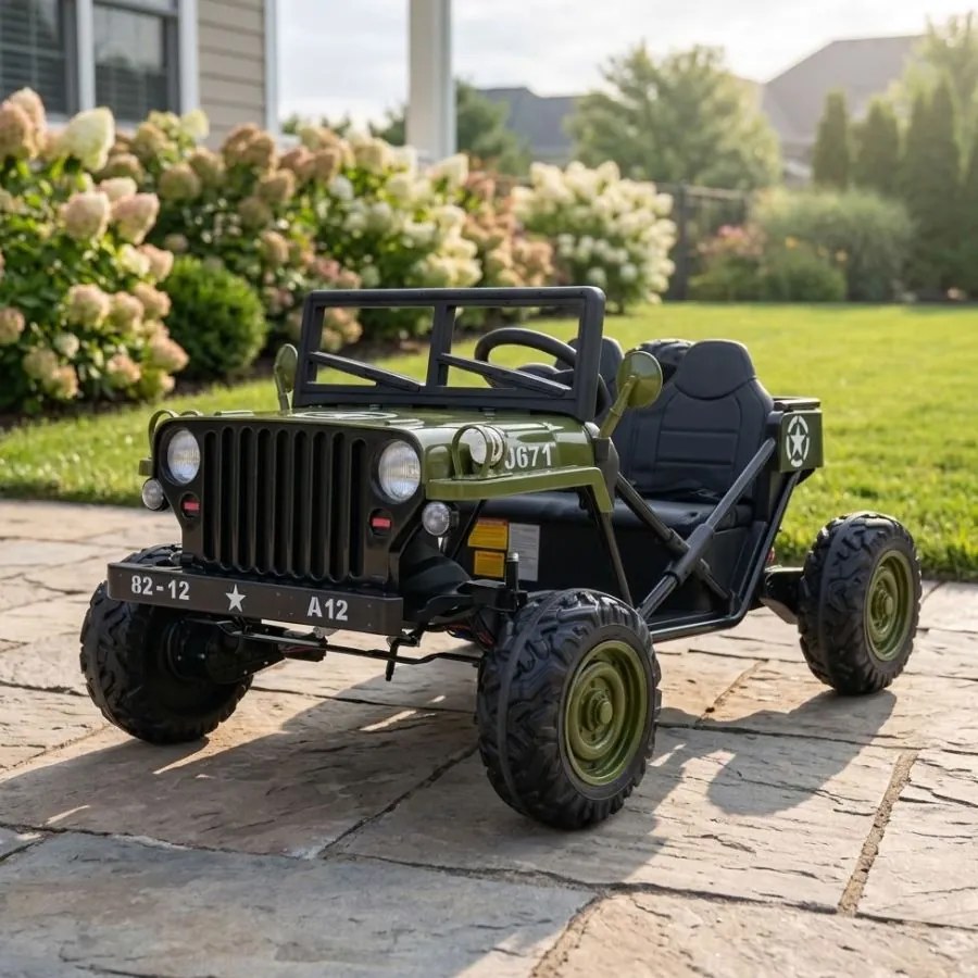 Jipe elétrico para Crianças 2V 4x4 STAR Veículo Militar STAR, Rodas de espuma EVA, Controle remoto Verde