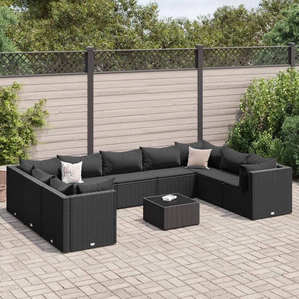 10 pcs conjunto lounge de jardim c/ almofadões vime PE preto