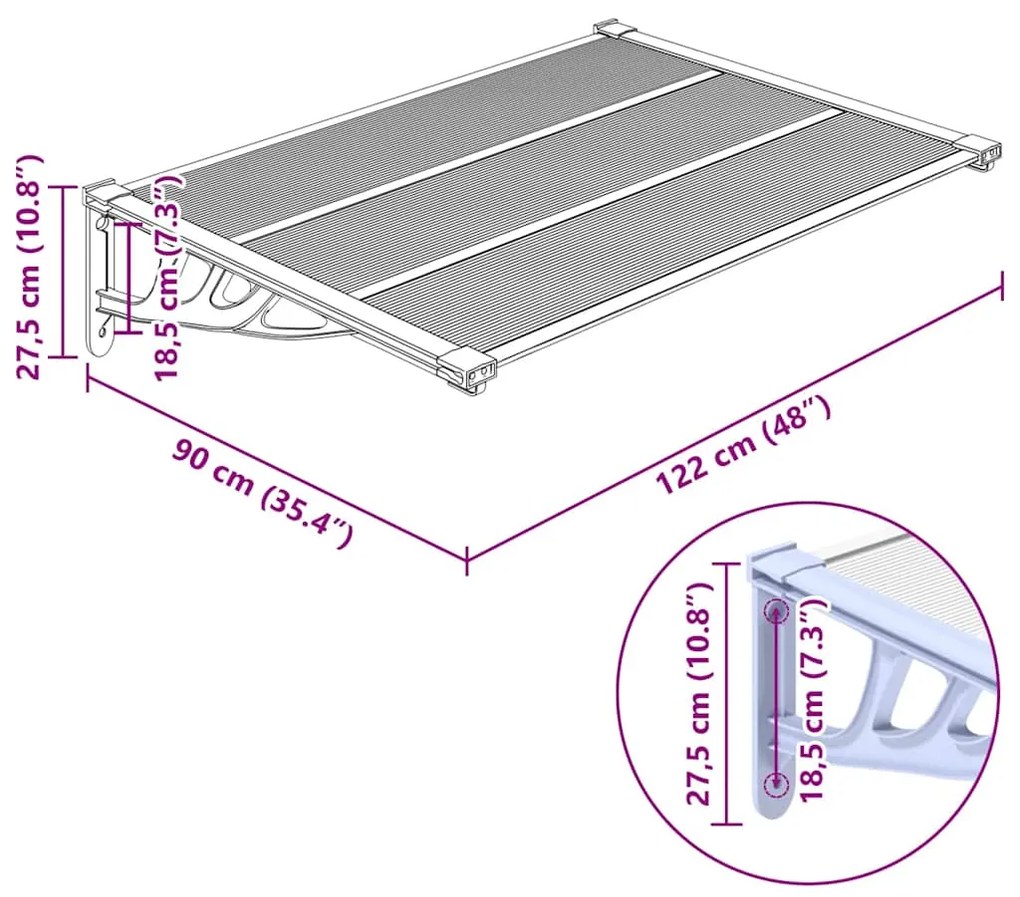 Toldo para porta 122x90 cm policarbonato cinzento/transparente