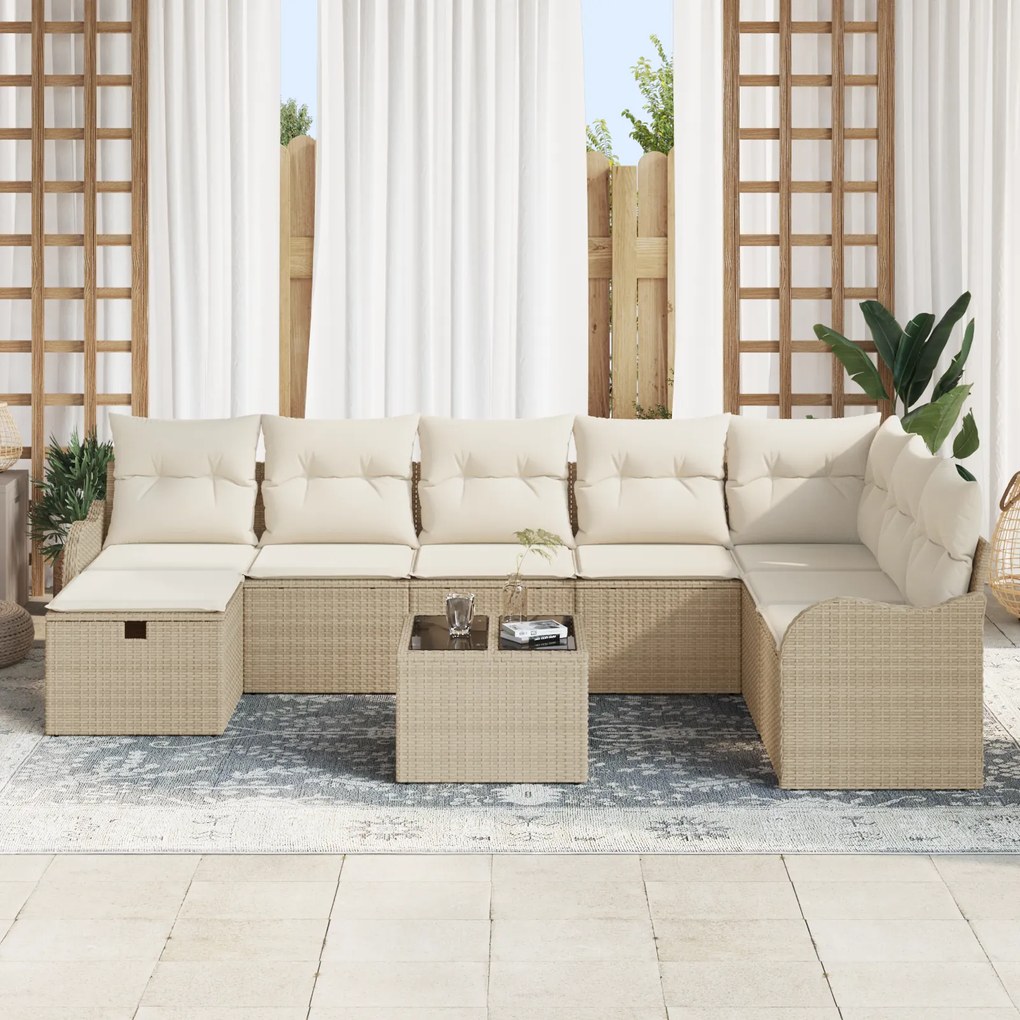 Conjunto de Sofá de Jardim vidaXL de 9 peças com Almofadas Bege Rattan
