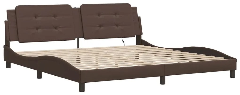 Estrutura cama c/ luz LED 200x200 cm couro artificial castanho