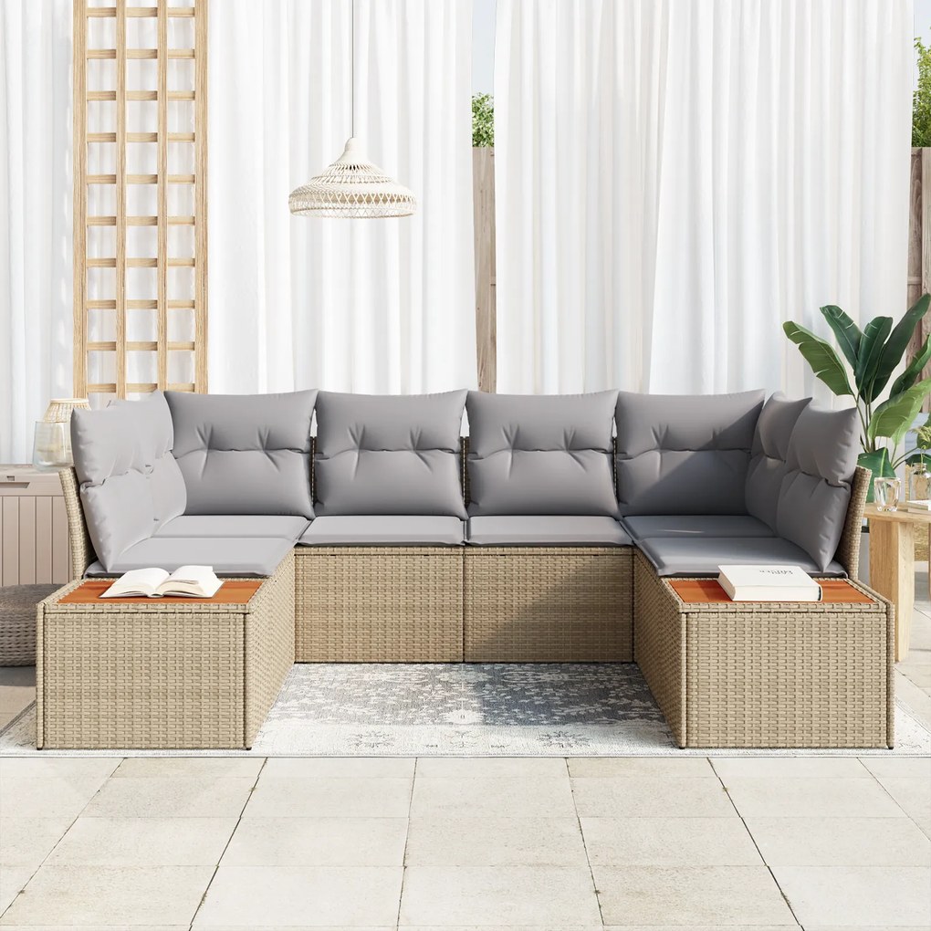 Conjunto de Sofá de Jardim de 6 Peças com Almofadas Bege Rattan Poliés