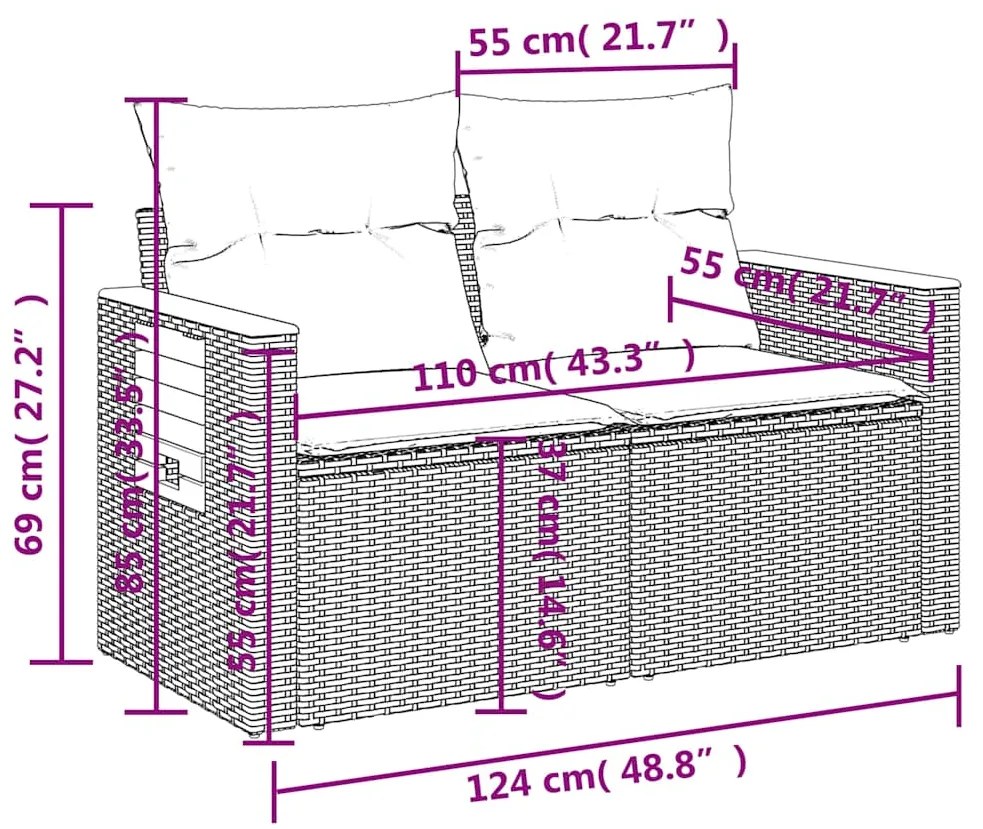 7 pcs conjunto de sofás p/ jardim com almofadões vime PE bege
