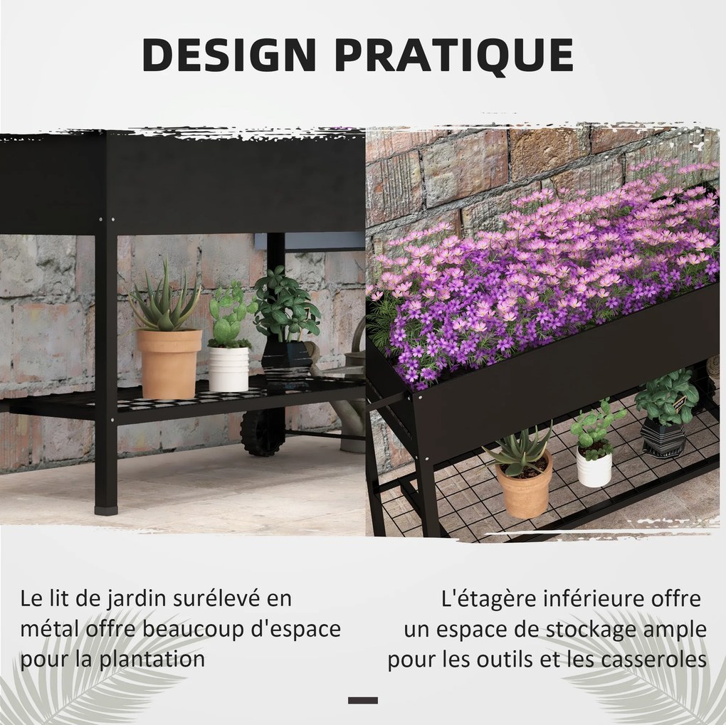 Floreira com pés para horta, 109 x 39 x 80 cm, prateleira, 2 rodas + sistema de rega em metal preto