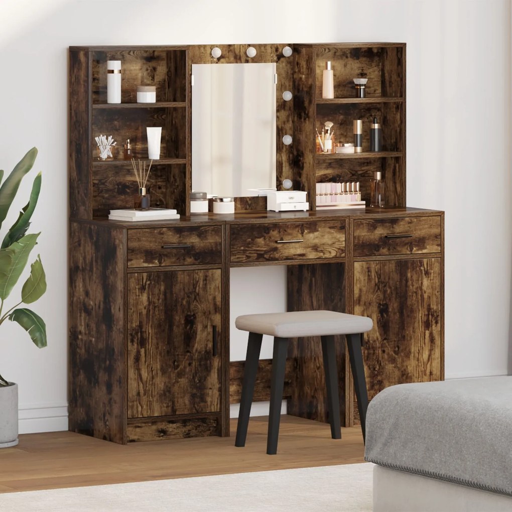 Conjunto de Mesa de Maquilhagem de 3 Peças Carvalho Fumado Madeira de