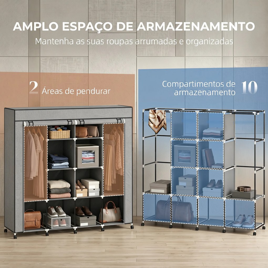 Guarda Roupa de Tecido Portátil com Rodas, 10 Compartimentos, Espaço para Pendurar Roupa e Estrutura em Aço, Cinzento Escuro