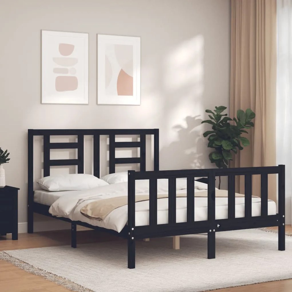 Estrutura de cama de casal c/ cabeceira madeira maciça preto