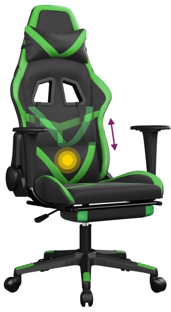 Cadeira gaming massagens c/ apoio pés couro artif. preto/verde