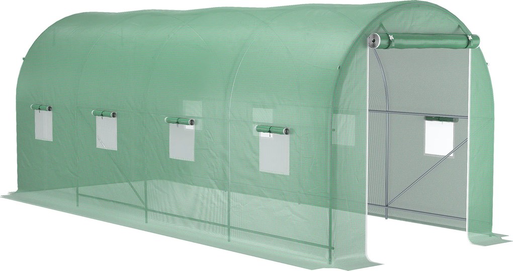 Estufa tipo Túnel 500x200x205 cm Estufa de Jardim com Porta Enrolável e 8 Janelas Cobertura de PE 140 g/m² Verde