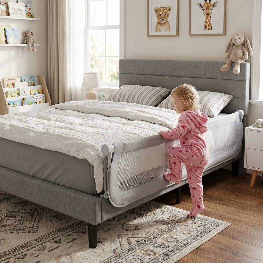 Conjunto 2 Barreiras segurança bebés dobrável para cama 178 / 198 x 36 x 60 cm com altura ajustável, capa removível em tecido Oxford, base em U e corr