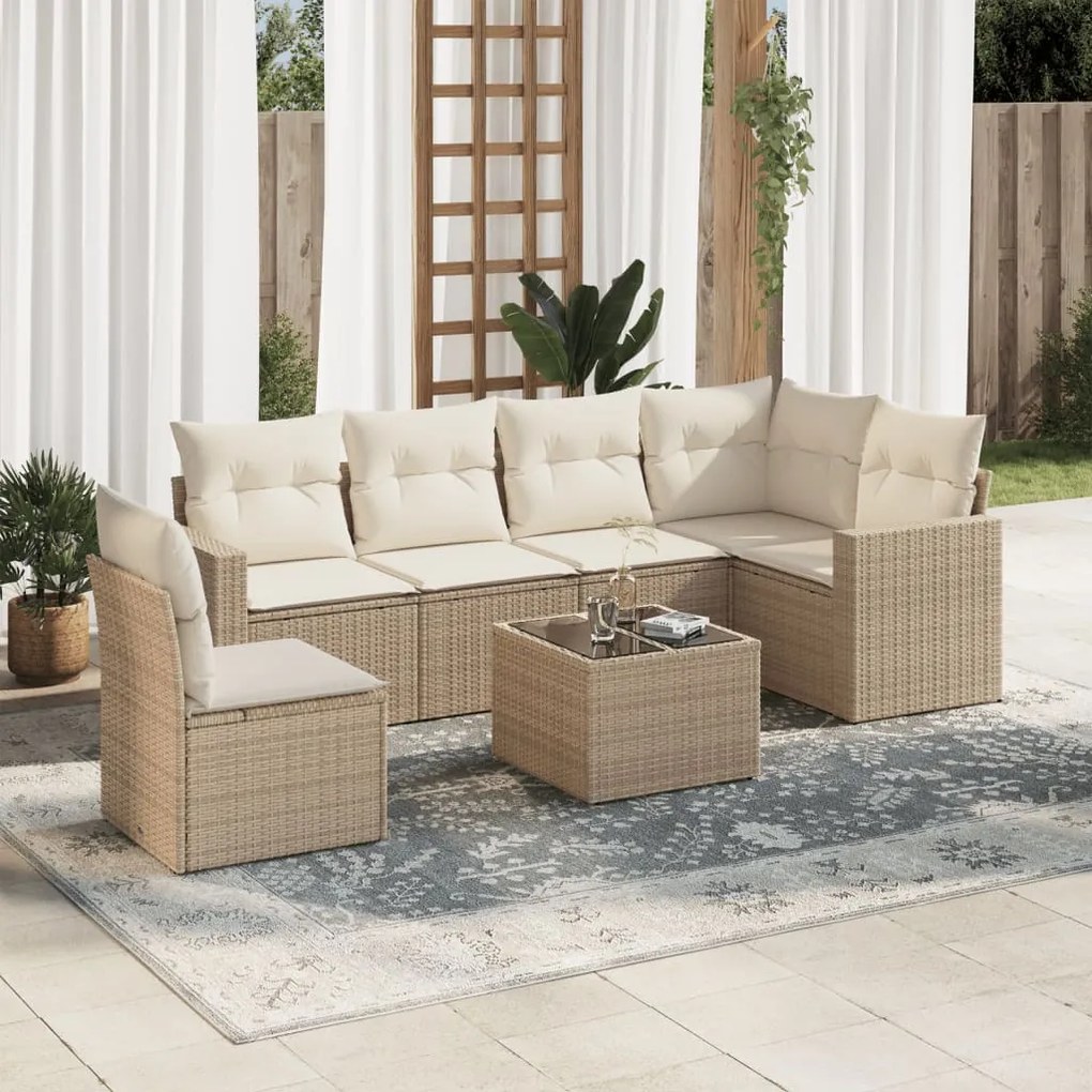 7 pcs conjunto de sofás p/ jardim com almofadões vime PE bege
