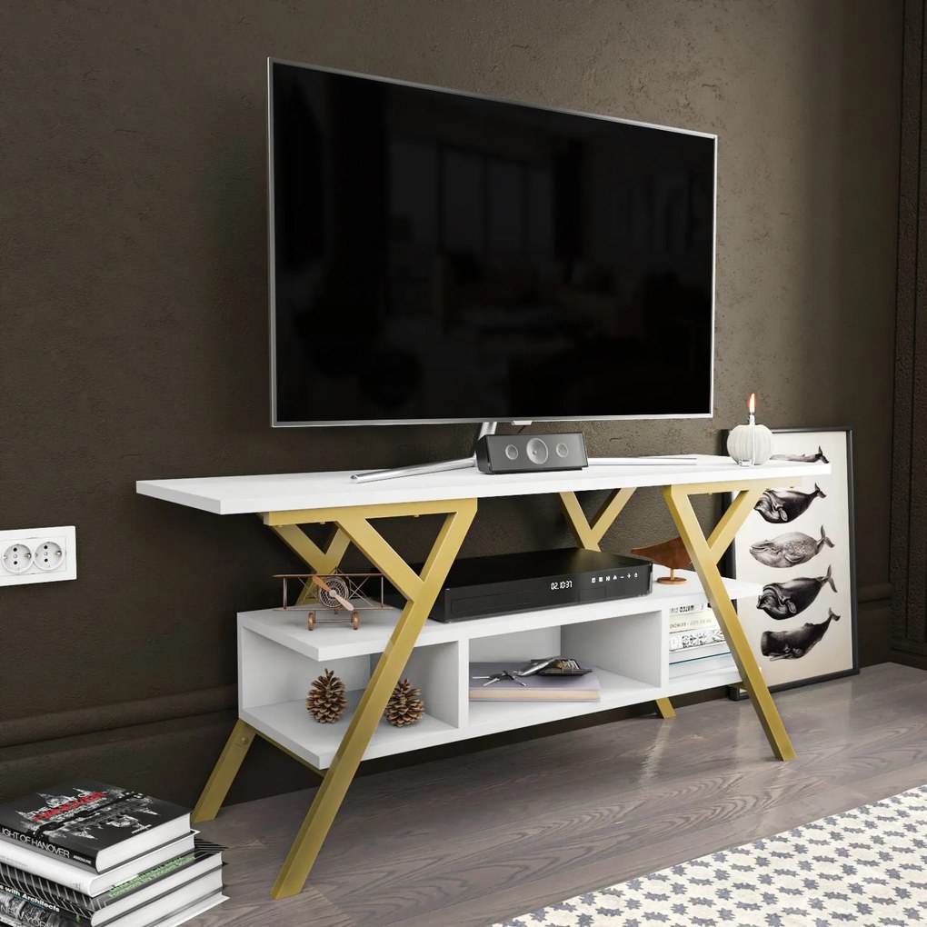 Móvel TV Minerva – Dourado e Branco – 120x35x55 cm