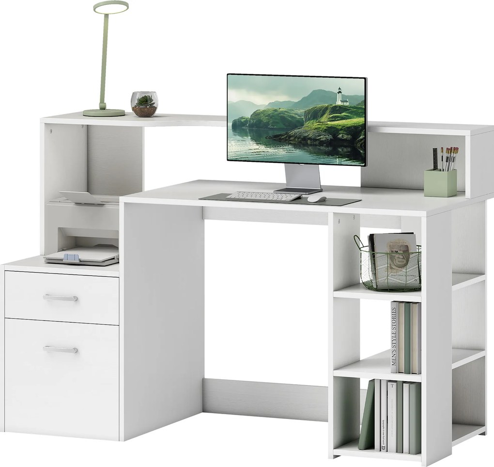 Secretária para computador, secretária com arrumação, 2 gavetas, prateleiras abertas e prateleira para impressora, 137x55x92 cm, branco