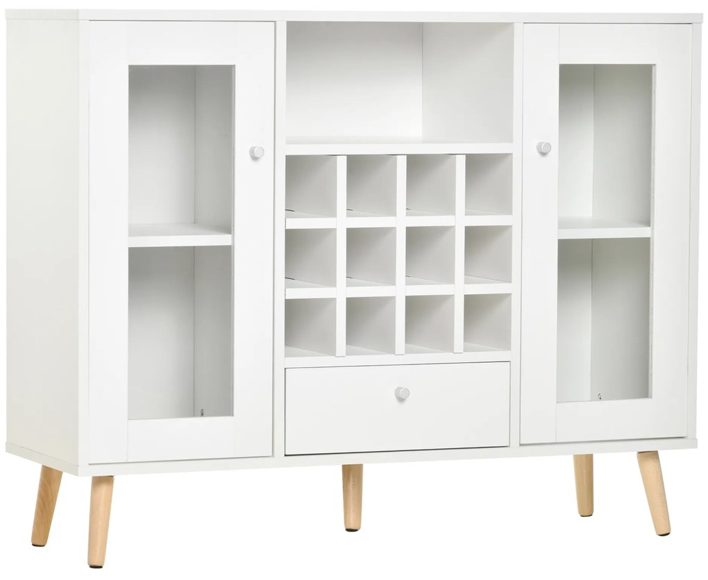 Aparador de Cozinha Armário de Armazenamento com 12 suportes para Garrafas e 3 Estantes Portas de vidro 100x33x80cm Branco