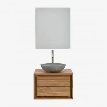 Conjunto De Móvel De Casa De Banho Em Madeira De Teca Jabari Madeira De Teca & Cimento Cinzento Redondo Ø40 Cm Tarsis & Led - Sklum