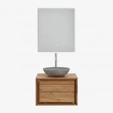Conjunto De Móvel De Casa De Banho Suspenso Em Madeira De Teca Jabari Madeira De Teca & Cimento Cinzento Redondo Ø40 Cm Tarsis & Led - Sklum