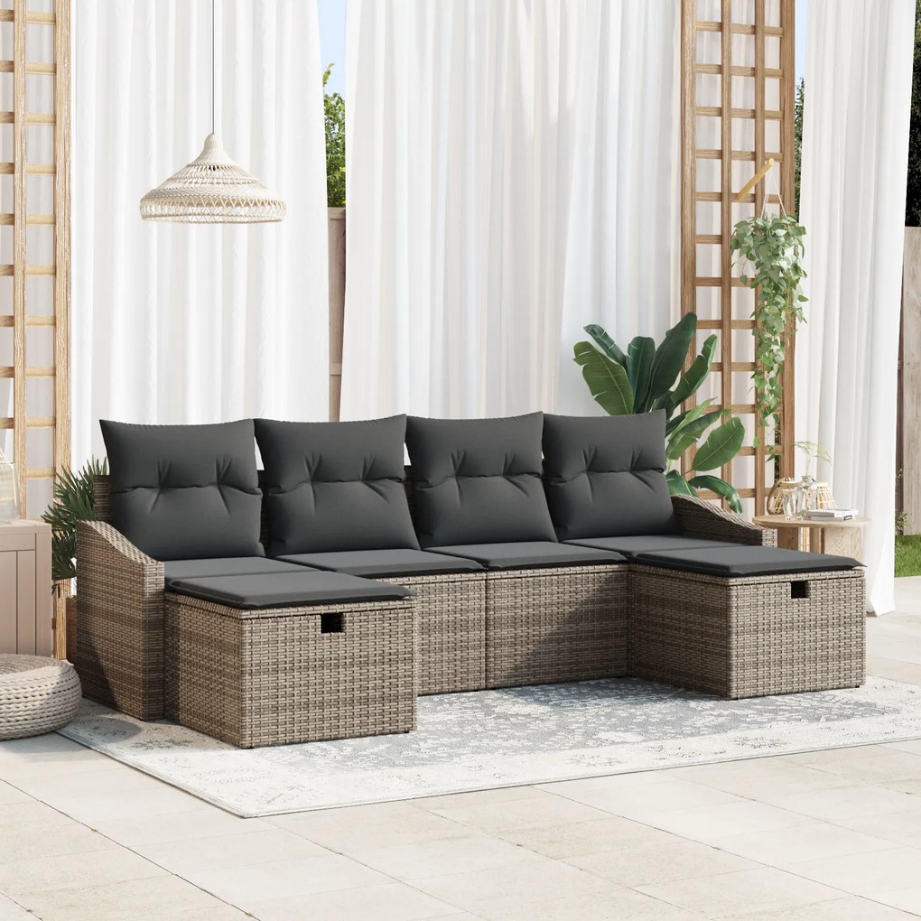 Conjunto de Sofás de Jardim de 6 Peças com Almofadas Cinzento Rattan P