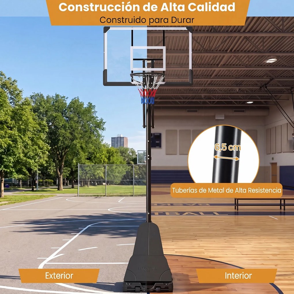 Cesto de Basquetebol Portátil, 107 x 68 x 15 cm, Altura Ajustável, Preto