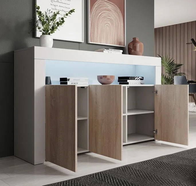 Aparador 'Alays' com Luzes LED - Carvalho/Branco- 155x91,5x37 cm - Des