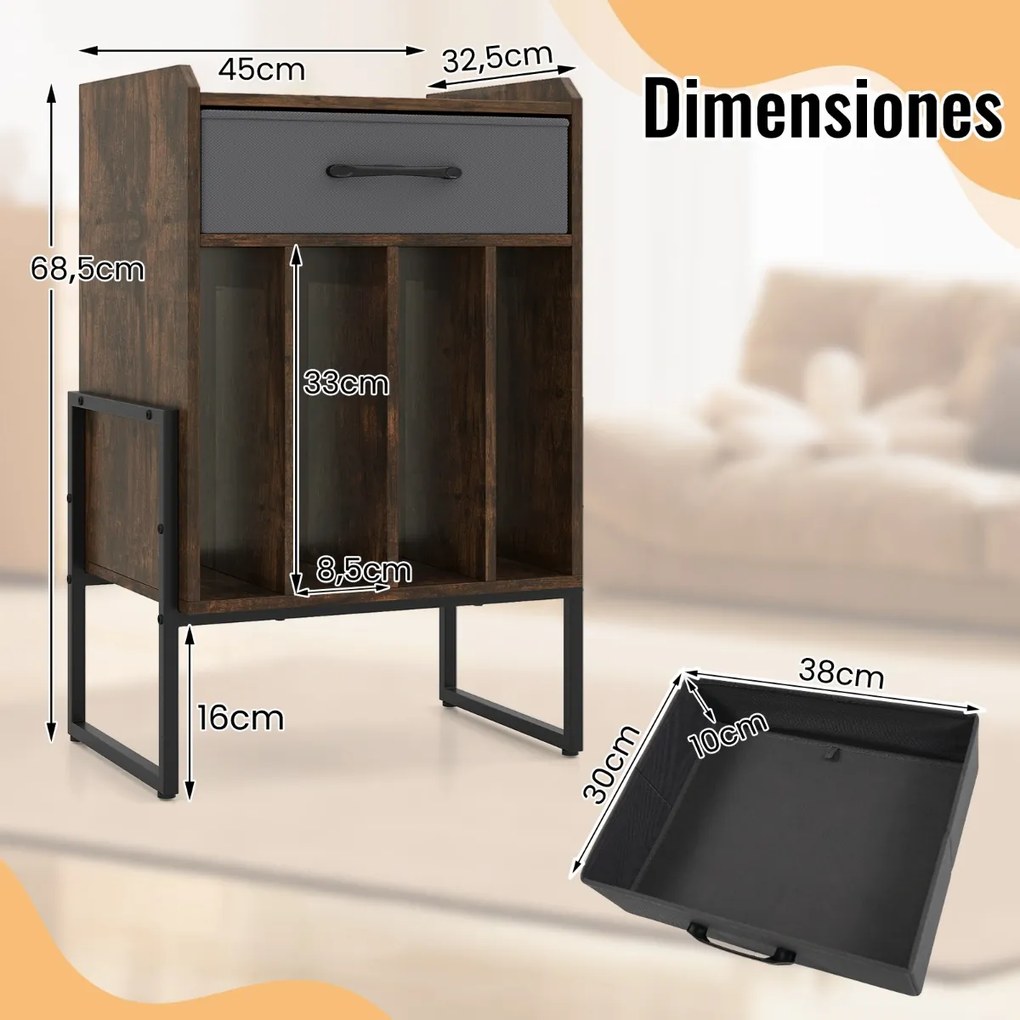 Móvel para gira-discos 45 x 32,5 x 68,5 cm com gaveta em tecido e prateleiras abertas em metal para discos de vinil; ideal para sala de estar, quarto
