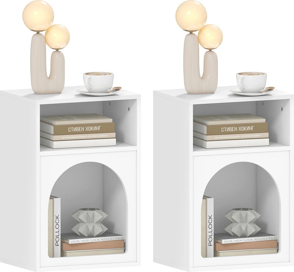 Conjunto de 2 mesas de cabeceira, com compartimentos abertos, design arqueado, 40 x 30 x 60 cm, branco