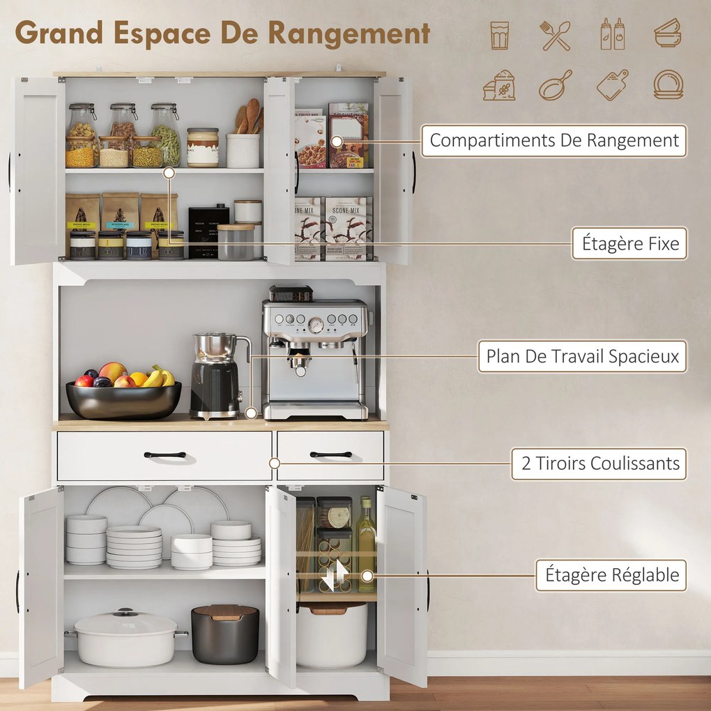Aparador Alto de Cozinha, 94 x 39,5 x 175,2 cm, 6 Portas e 2 Gavetas, Branco