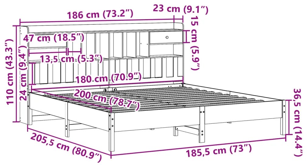 Cama com estante sem colchão 180x200 cm pinho maciço