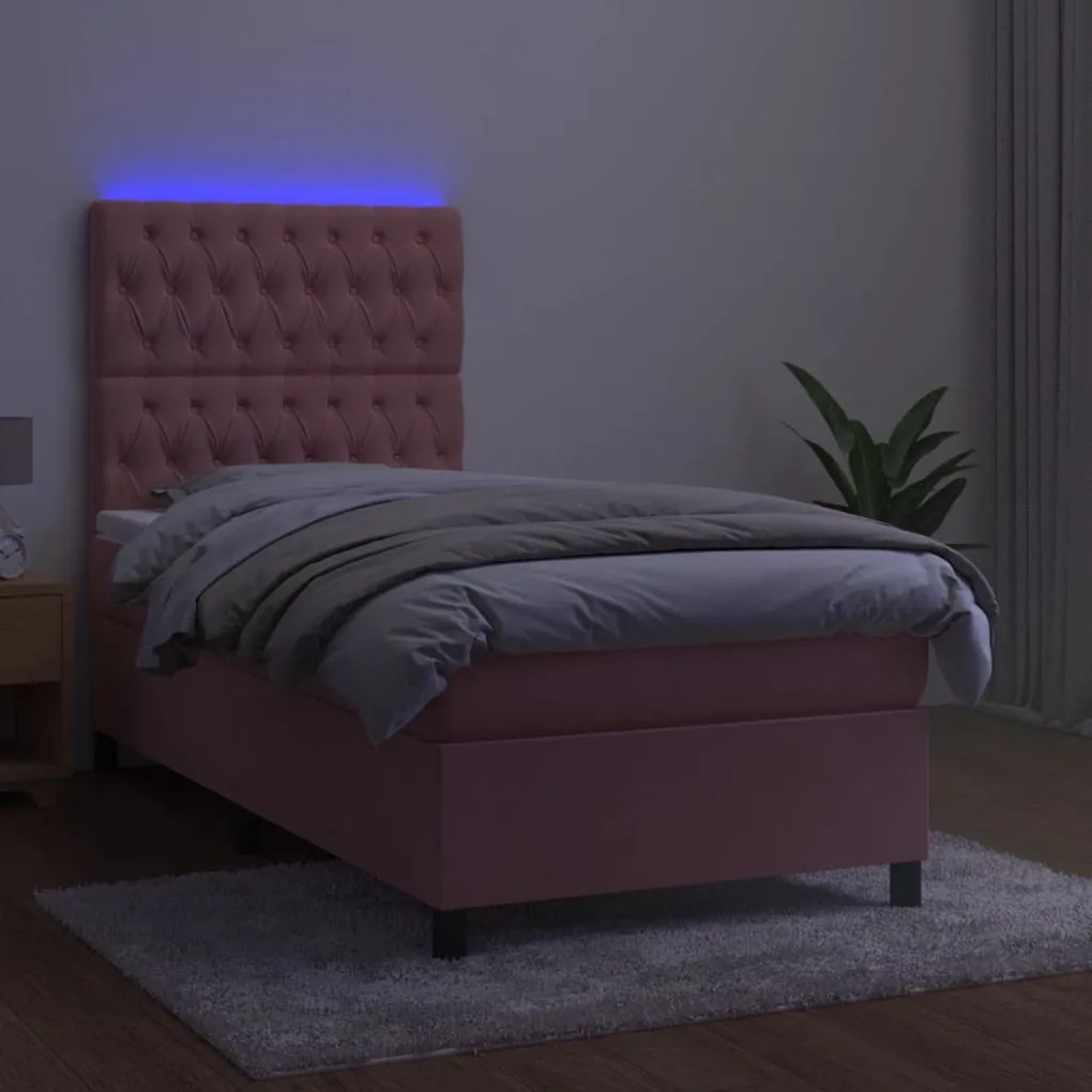 Cama box spring c/ colchão/LED 100x200 cm veludo rosa