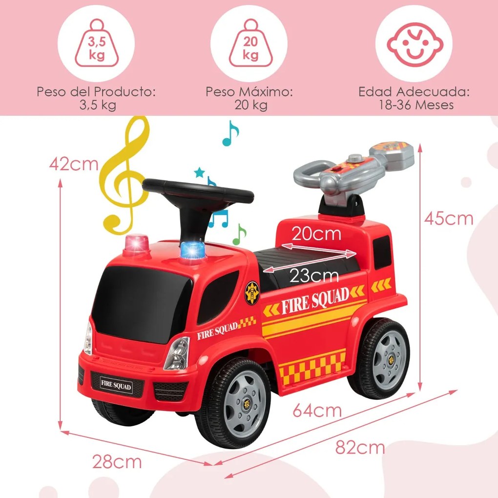Andador Carro de bombeiros de brinquedo para crianças dos 18 aos 36 meses com função de bolha Música Sirene Carrinho de empurrar 82 x 82 x 45 cm Verme