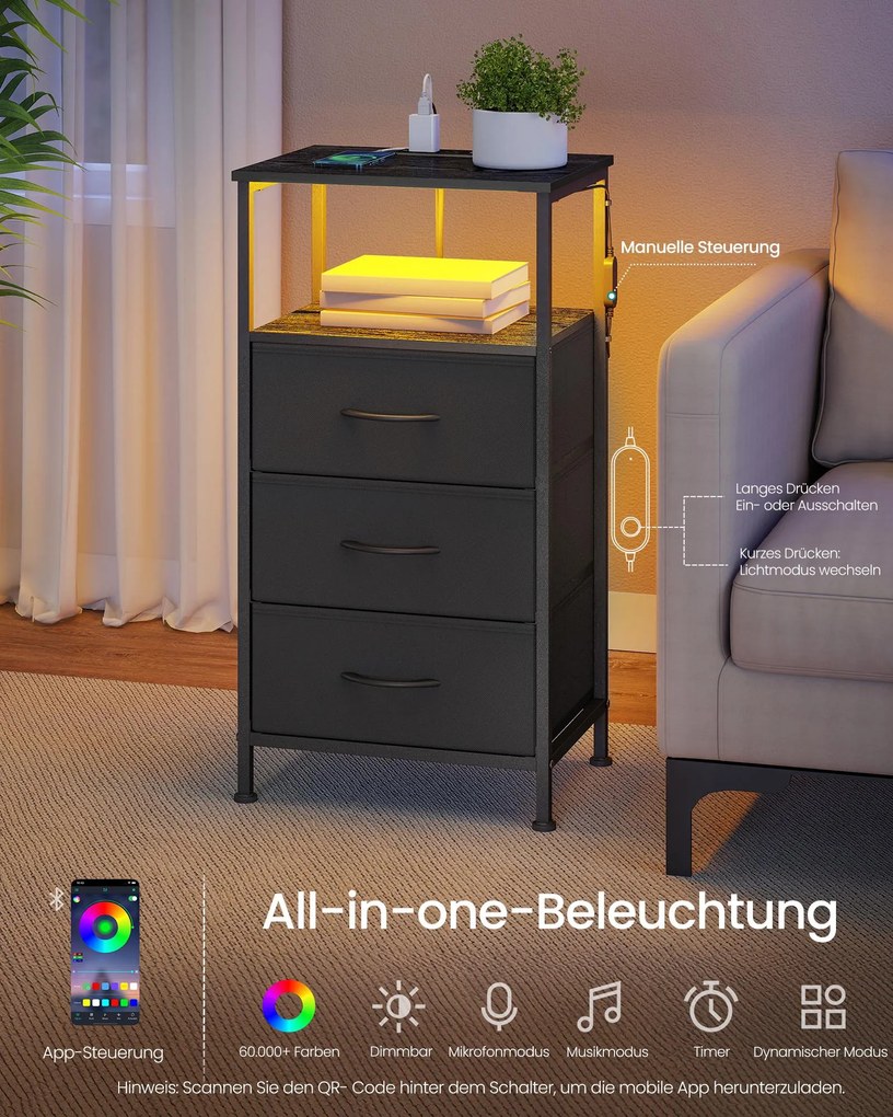 Mesa de cabeceira com tomada LED, 39,6 x 30 x 75,9 cm, 3 gavetas tecido Preta