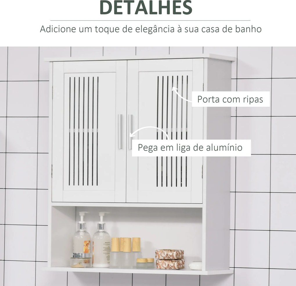 Armário de Parede Casa de Banho com Armazenamento 2 Portas em Ripas Prateleira Ajustável e Compartimento 60x20x70 cm Branco