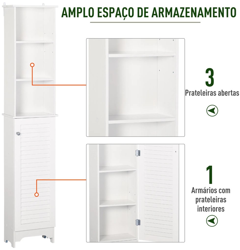 Coluna Casa de Banho com 1 Porta 3 Prateleiras Abertas e Prateleira Interior Ajustável Móvel Auxiliar de Armazenamento para Sala de Estar Dormitório 3