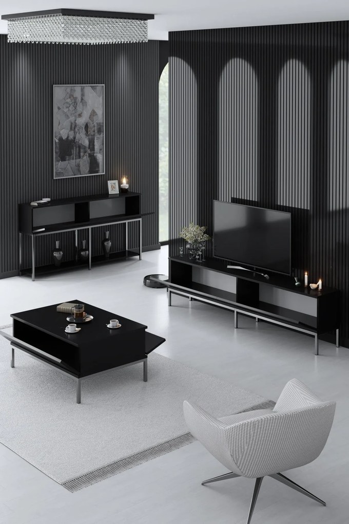 Conjunto de Mobiliário de Sala Lord – Preto e Prateado – TV Stand: 180