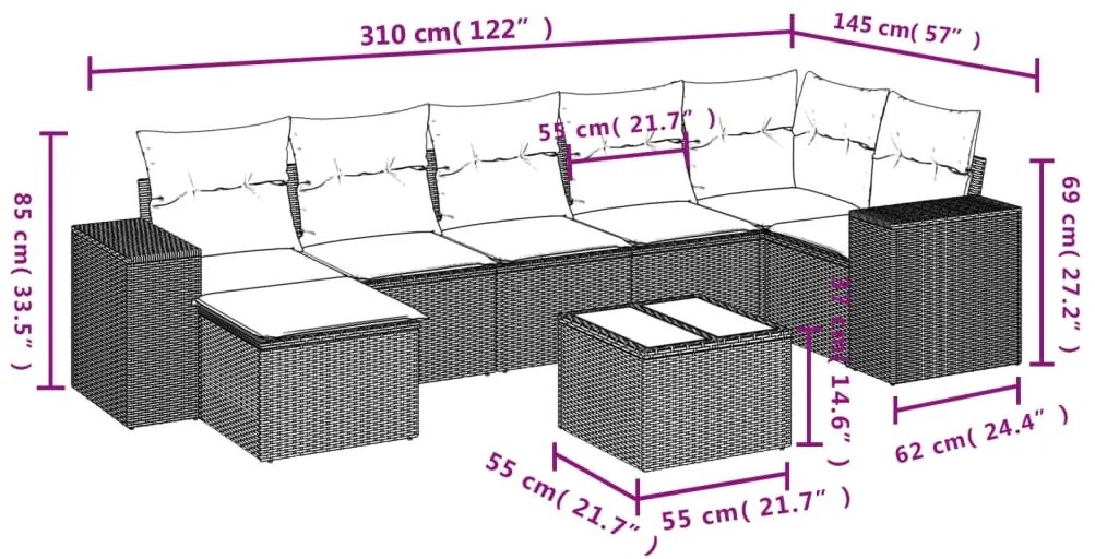 8 pcs conjunto sofás de jardim c/ almofadões vime PE castanho