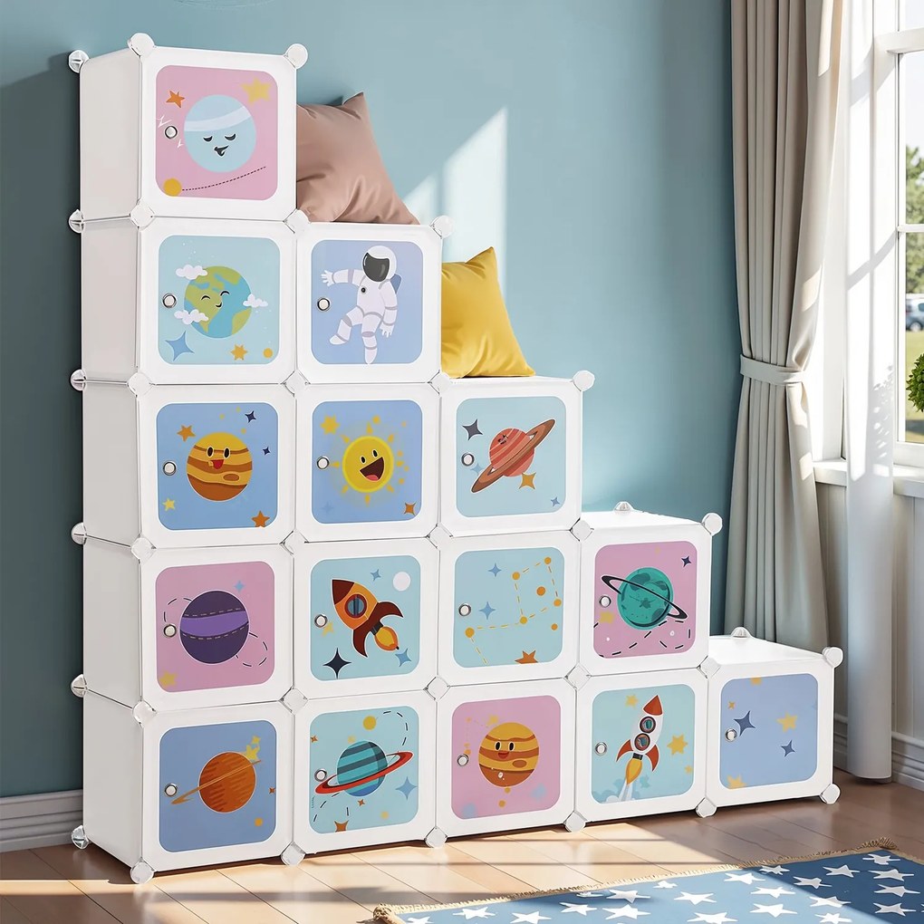 Armário de arrumação para crianças com 15 cubos com portas 31 x 153 x 153 cm branco leitoso, padrão colorido (motivo espacial)
