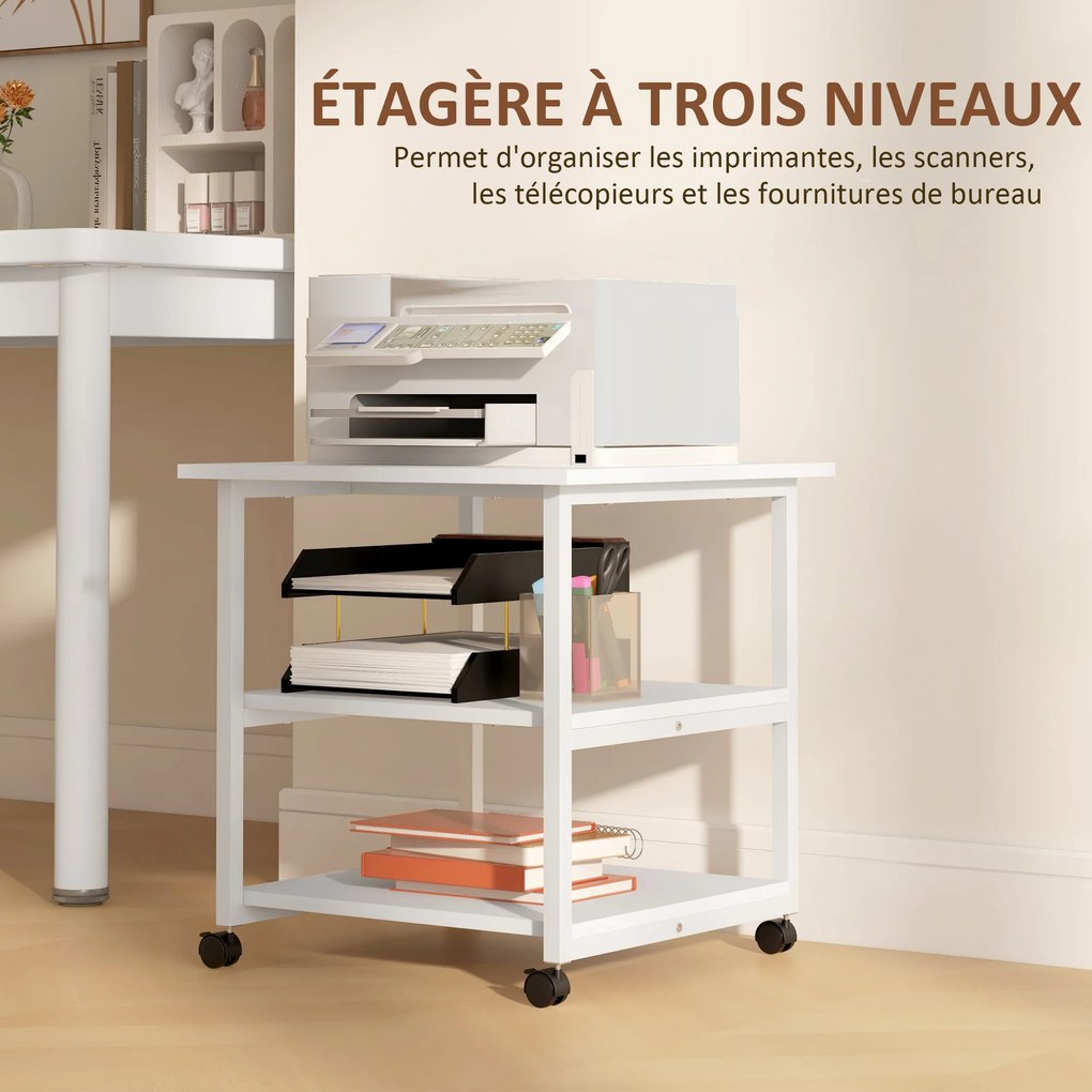 Suporte para impressora com 3 prateleiras, móvel com rodas, 50 L x 50 L x 52,5 A cm branco