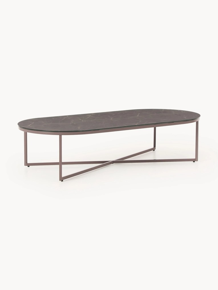 Mesa de centro oval com tampo de vidro com aspeto de mármore Antigua