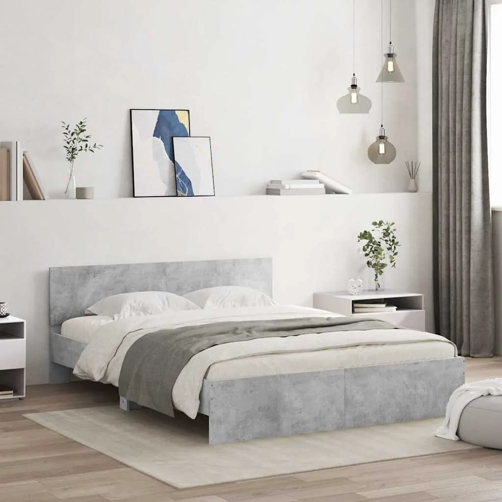 Estrutura cama cabeceira e luzes LED 150x200cm cinzento cimento