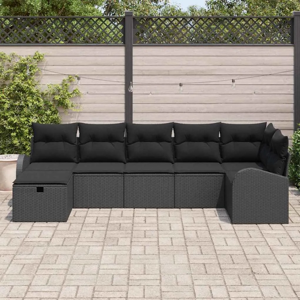 Conjunto de Sofás de Jardim 7 Peças com Almofadas Preto Rattan