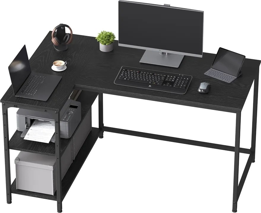 Secretária com espaço de arrumação, em L 120 x 80 x 76 cm, prateleira ajustável em altura Preto